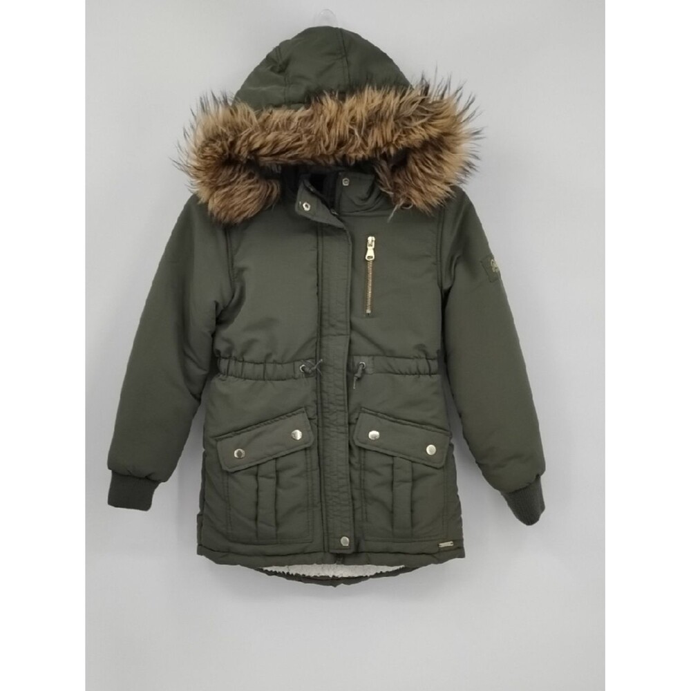 Justice Olive Green Fur Hood Sherpa Long Winter Coat Jacket Label Detail S 7/8